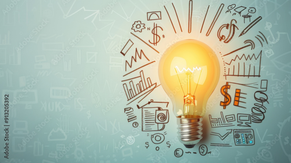 Bright light bulb surrounded by creative business icons representing innovation, ideas, and growth in a modern workspace. Bright light bulb surrounded by creative business icons representing innovation, ideas, and growth in a modern workspace.