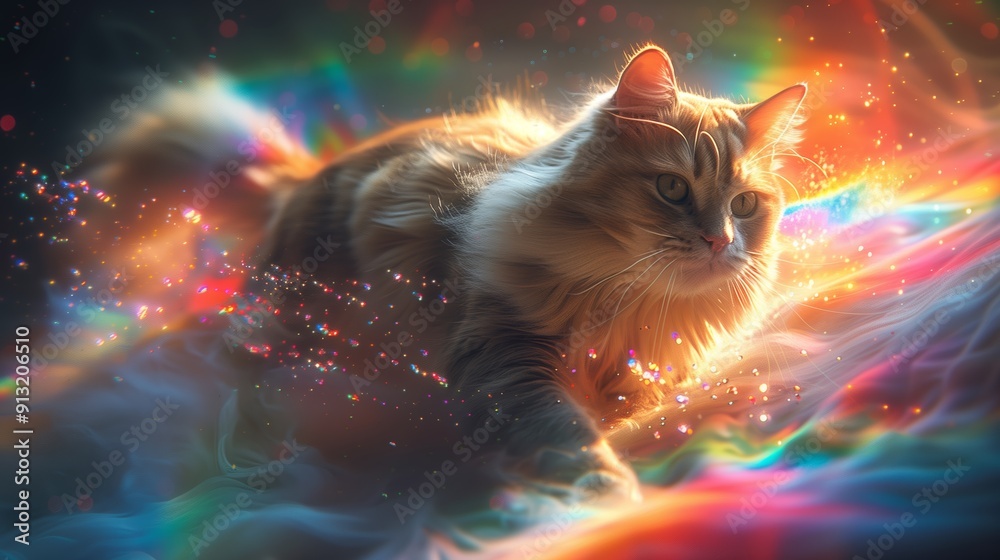 Majestic Cat Playing Amid Colorful Swirls of Light in a Dreamy Setting Majestic Cat Playing Amid Colorful Swirls of Light in a Dreamy Setting