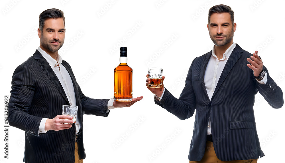 set isolated, man's hand with a glass of whiskey bottle set isolated, man's hand with a glass of whiskey bottle