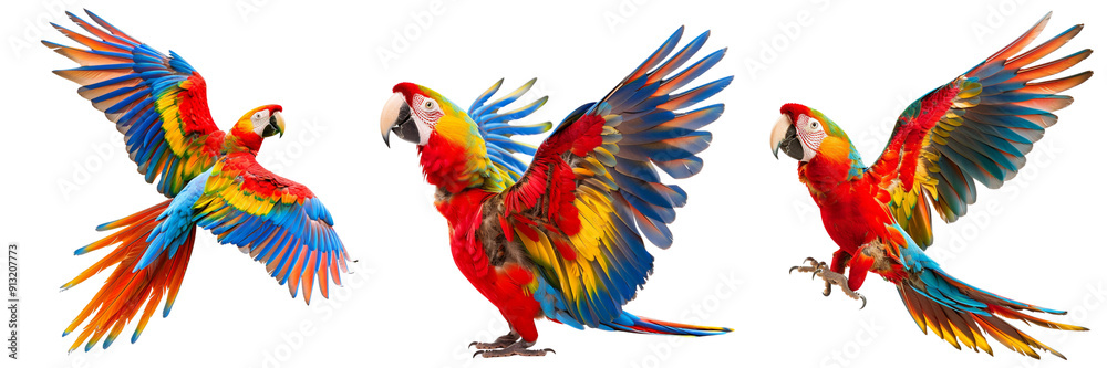 Fototapeta premium Set of A vibrant parrot spreading its colorful wings isolated on transparent background (2)