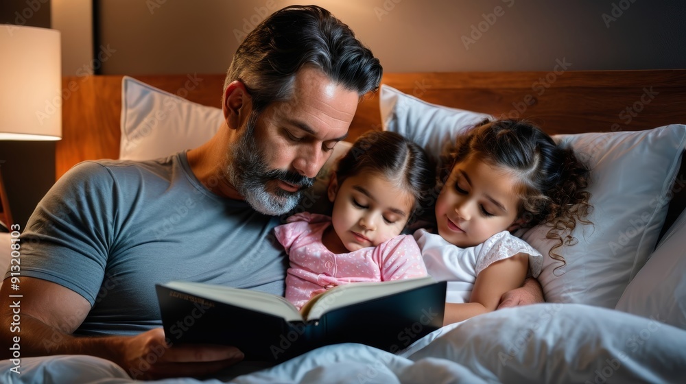 Man Reading Book to Two Little Girls Man Reading Book to Two Little Girls