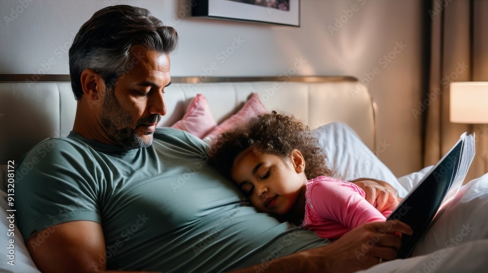 Obraz premium Man Reading Book to Little Girl on Bed