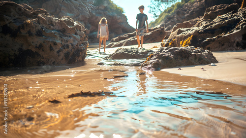 A sandy beach with a tidal pool kids exploring marine life within it. photo