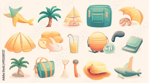 Travel and summertime icon set. Vector set of images and symbols