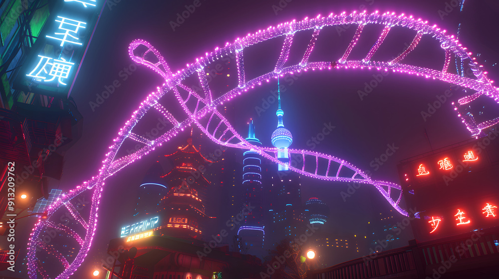 DNA structure made of neon lights. Cyan and magenta colors. Cyberpunk city nightscape. DNA structure made of neon lights. Cyan and magenta colors. Cyberpunk city nightscape.