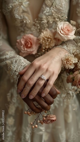 Hands in wedding dress, showing engagement ring. 