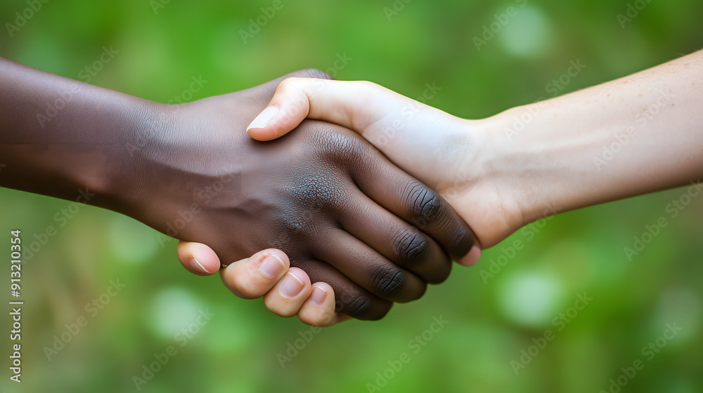 Close-up of two people of different ethnic backgrounds shaking hands outdoors with green blurred background, copy space Close-up of two people of different ethnic backgrounds shaking hands outdoors with green blurred background, copy space