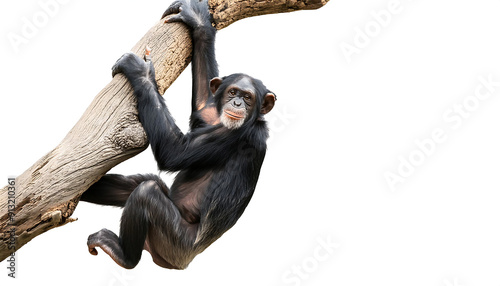  A Chimpanzee Ape Hanging on a Tree Branch – A chimpanzee hanging from a tree branch, isolat_1(10)