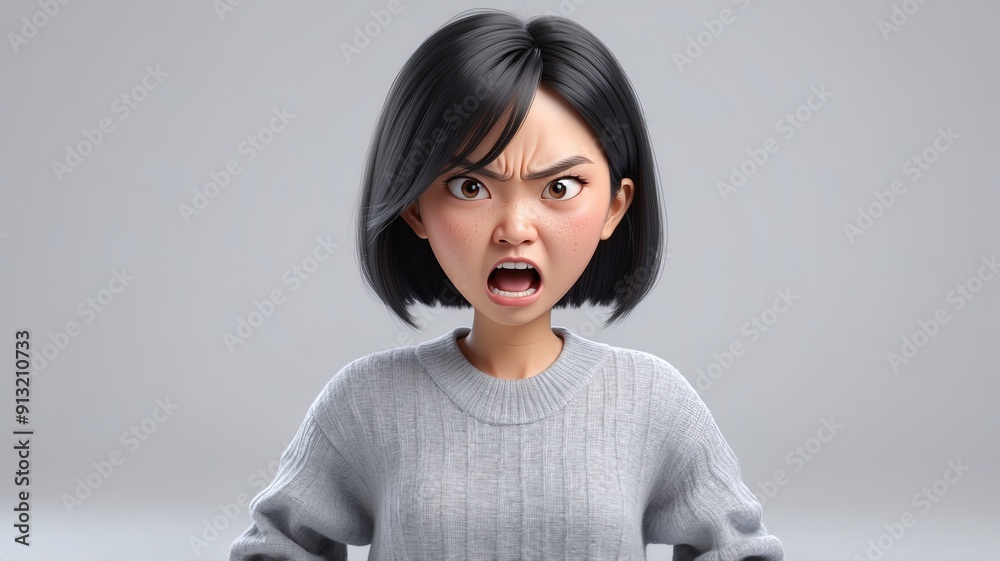 Naklejka premium 3d render angry stressed mad cartoon character asian young adult woman light background