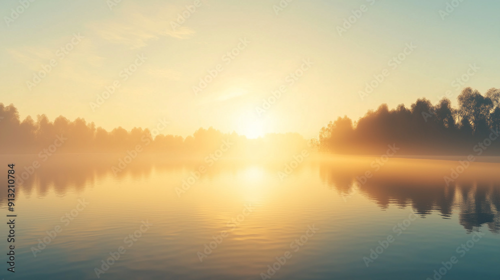 A serene lake at sunrise with mist rolling over the water A serene lake at sunrise with mist rolling over the water