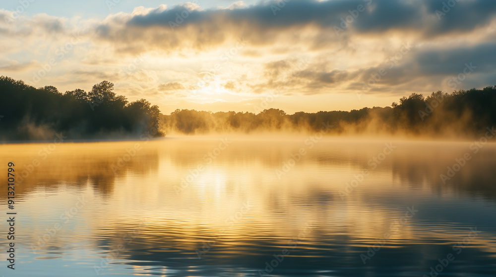 Fototapeta premium A serene lake at sunrise with mist rolling over the water