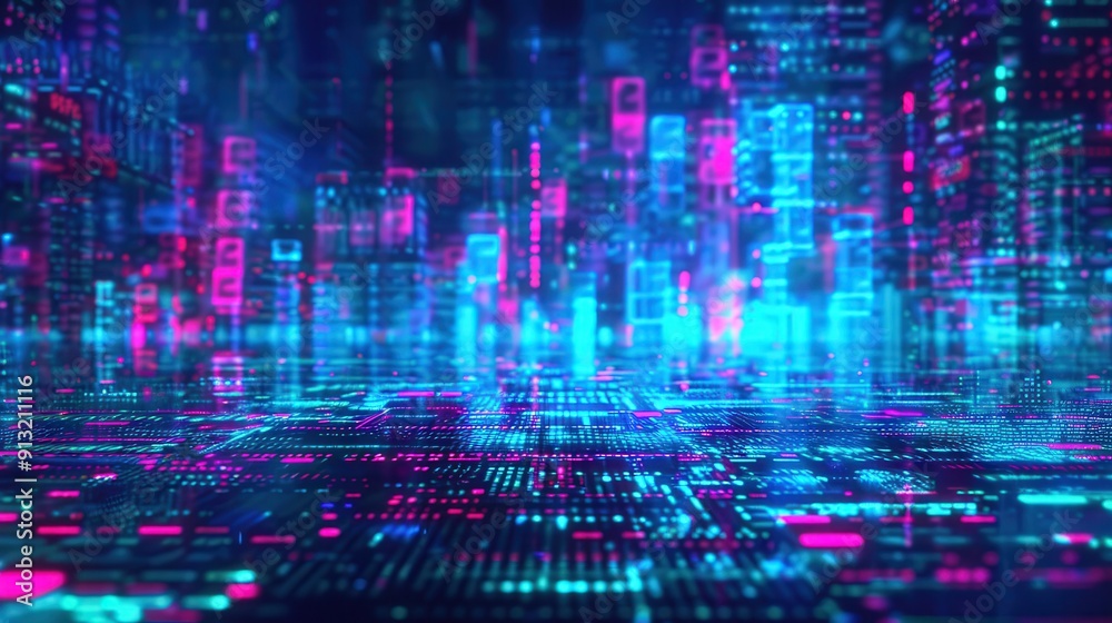 Vibrant abstract digital cityscape with luminous data streams and futuristic elements in neon blue and pink tones. Vibrant abstract digital cityscape with luminous data streams and futuristic elements in neon blue and pink tones.