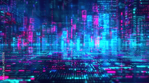 Wallpaper Mural Vibrant abstract digital cityscape with luminous data streams and futuristic elements in neon blue and pink tones. Torontodigital.ca