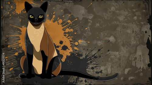  A Siamese cat is seated in front of a dirty background with seven duds written on it
