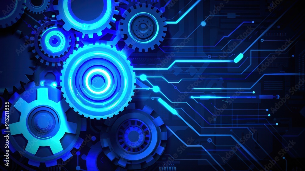 Futuristic gears with blue lighting on a digital circuit background, symbolizing technology and innovation in engineering. Futuristic gears with blue lighting on a digital circuit background, symbolizing technology and innovation in engineering.