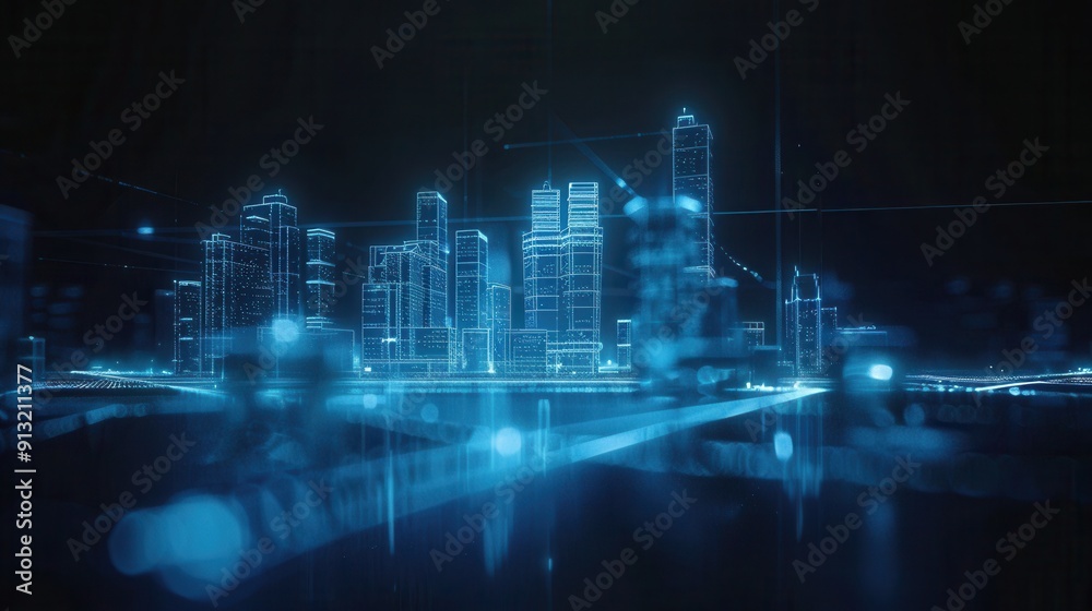 Futuristic city skyline with glowing blue lights and digital effects, representing technology and innovation in urban environments. Futuristic city skyline with glowing blue lights and digital effects, representing technology and innovation in urban environments.