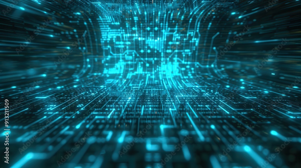 Futuristic digital landscape with glowing blue lights and intricate patterns, representing technology and data flow. Futuristic digital landscape with glowing blue lights and intricate patterns, representing technology and data flow.