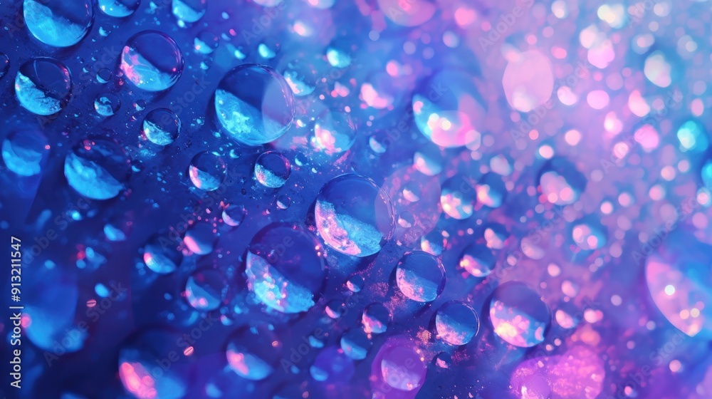 Water droplets from car windows create abstract patterns in bright blue and purple hues, aided by street lights and the light of vehicles on the road
