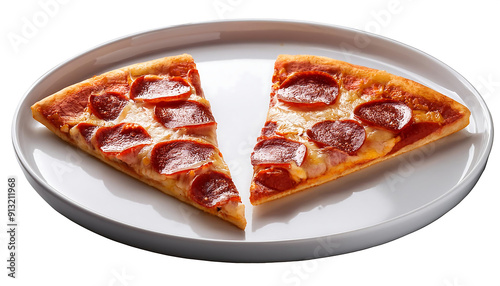  A Single Slice of Pepperoni Pizza on a White Plate (Side and Top View) – A single slice of _1(23)