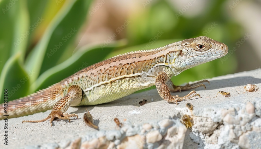 Lizard walking on a ledge and hunting insects Lizard walking on a ledge and hunting insects