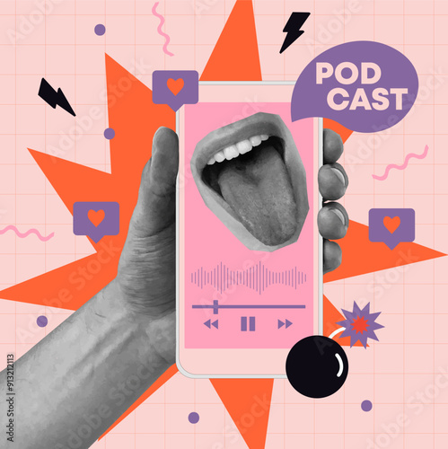 Podcast on smartphone online live radio show concept with hand holding phone with funny mouth sticker on the screen and player interface in cartoon style. Vector illustration