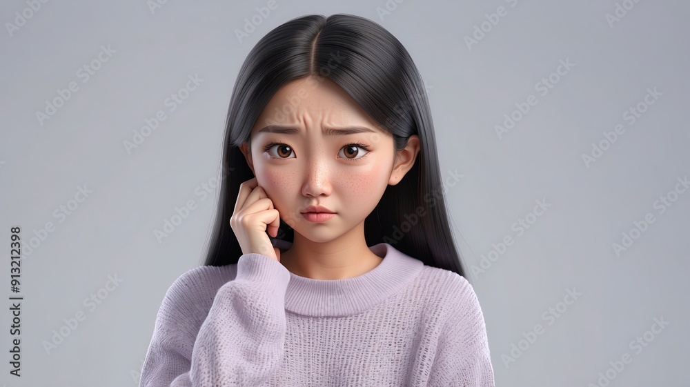Sad stressed upset 3d cartoon character asian young woman light background Sad stressed upset 3d cartoon character asian young woman light background