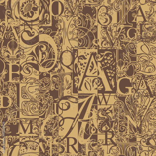 Abstract seamless pattern with chaotic layering of vintage letter elements floral grunge ornament. Vector background art in creative modern design. Suitable for wallpaper, wrapping paper or fabric