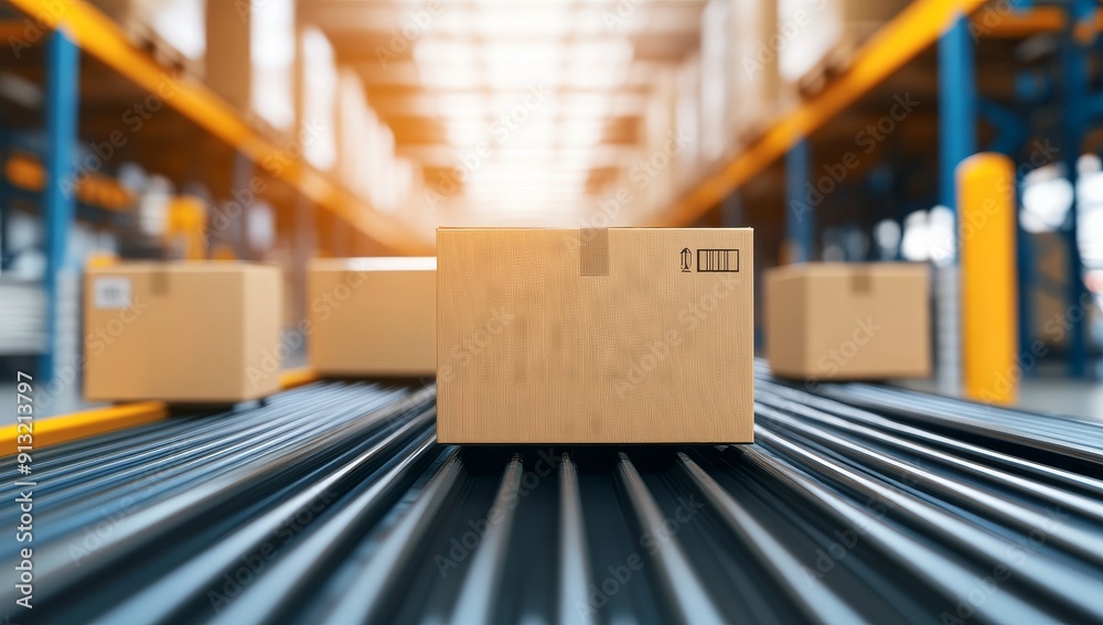 Boxes on Conveyor Belt in Warehouse with Blurred Background Boxes on Conveyor Belt in Warehouse with Blurred Background