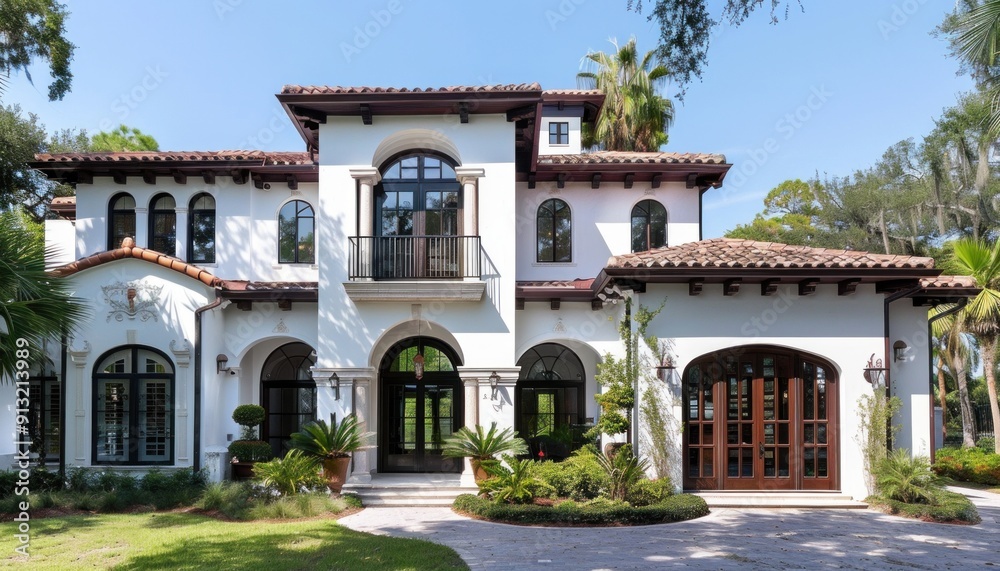 Fototapeta premium Large white stucco home showing mediterranean architecture style with tile roof