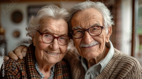 An elderly couple in their home. Happy retirees looking at the camera. Mature, man and woman smiling and caring for each other