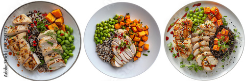  Set of A a topped with a smothering of Chilli and Lemon-Grass sauce. of black and brown rice, roast sweet potato cubes on a clean white plate on a transparent background photo