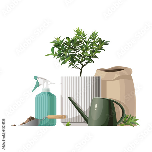 Home gardening. Planting, transplanting and caring for houseplants. Green plant in pot, watering can, sprayer, bag with soil, garden trowel with soil. Stock vector illustration for magazine, poster.