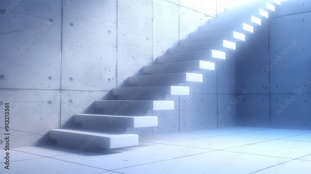 Fototapeta premium Concrete wall with light at end; white stairs lead up