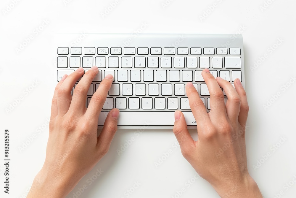 hands on a white keyboard, isolated against a white background hands on a white keyboard, isolated against a white background