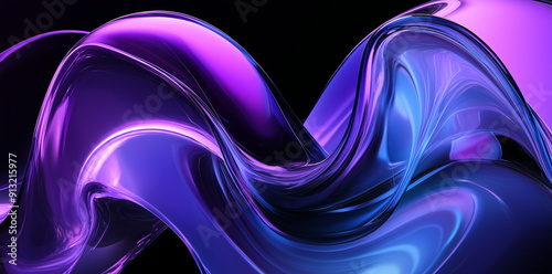 Curved fluid shape with purple and blue gradient on dark background. Abstract digital 3D art. photo