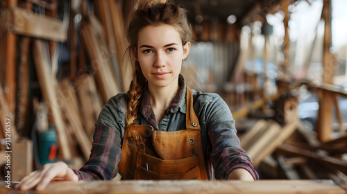 Intimate portrait of a skilled female carpenter in workwear and holding a handplane 