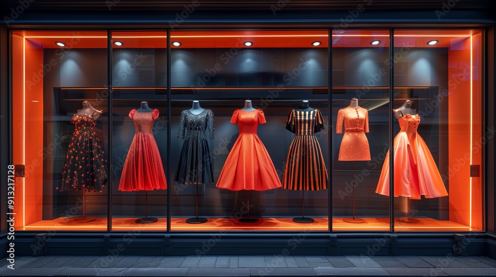 Vibrant Evening Display of Elegant Dresses in a Boutique Window During Nighttime Vibrant Evening Display of Elegant Dresses in a Boutique Window During Nighttime