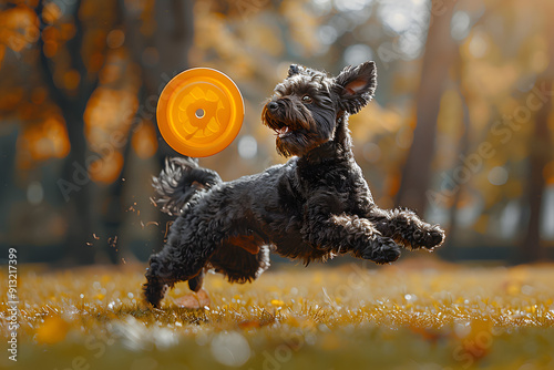 Kerry Blue Terrier dog chasing an object in the park photo