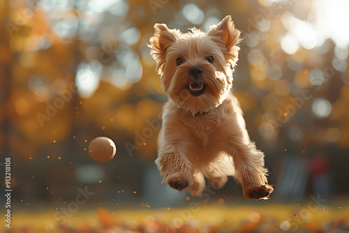 Soft Coated Wheaten Terrier dog chasing an object in the park photo