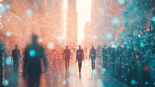 Abstract digital background with silhouettes of people in the city and network connections. Generative AI photo