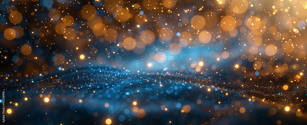 Fototapeta premium Sfondo sfocato con bokeh dorati e telo blu. 