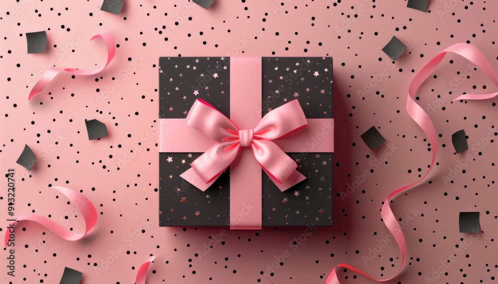 Elegant black gift box with pink bow on pink background with confetti, perfect for celebrating special occasions Elegant black gift box with pink bow on pink background with confetti, perfect for celebrating special occasions