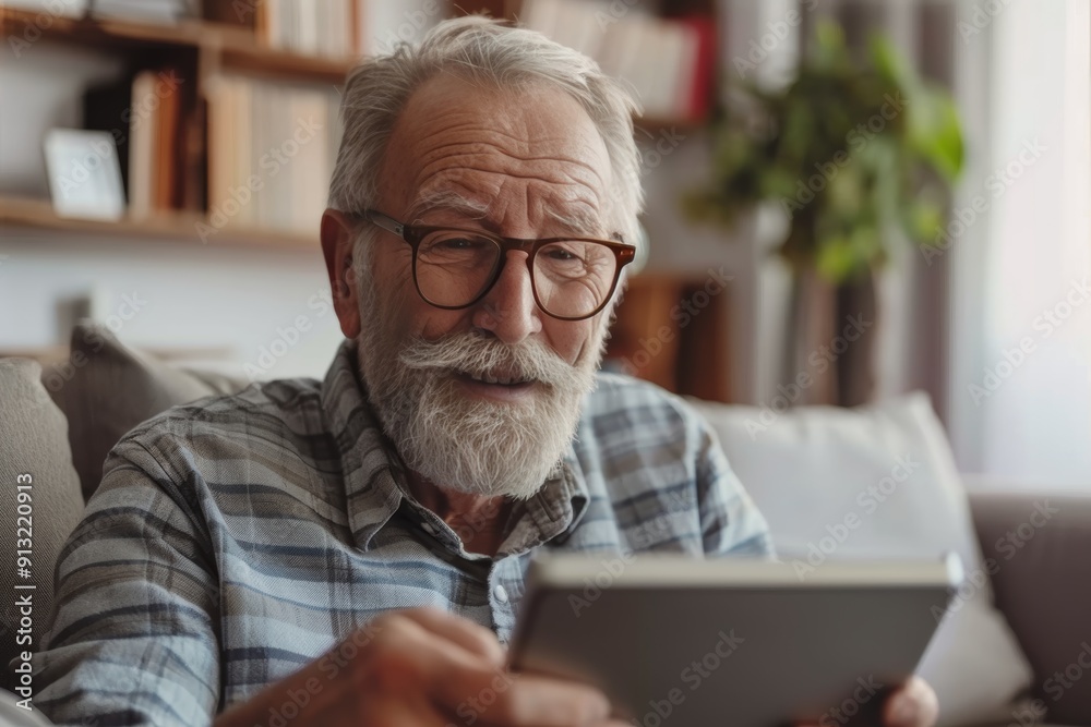 Happy senior man enjoying technology with digital tablet at home - Retirement lifestyle Happy senior man enjoying technology with digital tablet at home - Retirement lifestyle