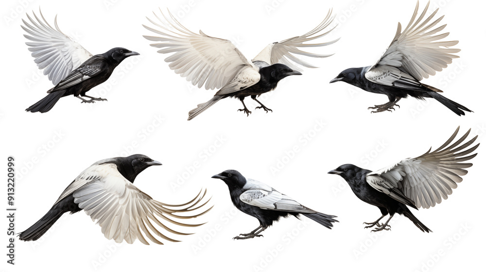 Set of flying and sitting magpie, raven transparent background. Set of flying and sitting magpie, raven transparent background.