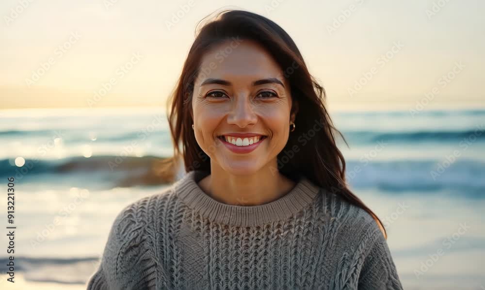 Portrait of smiling asian woman in sweater looking at camera on beach Portrait of smiling asian woman in sweater looking at camera on beach