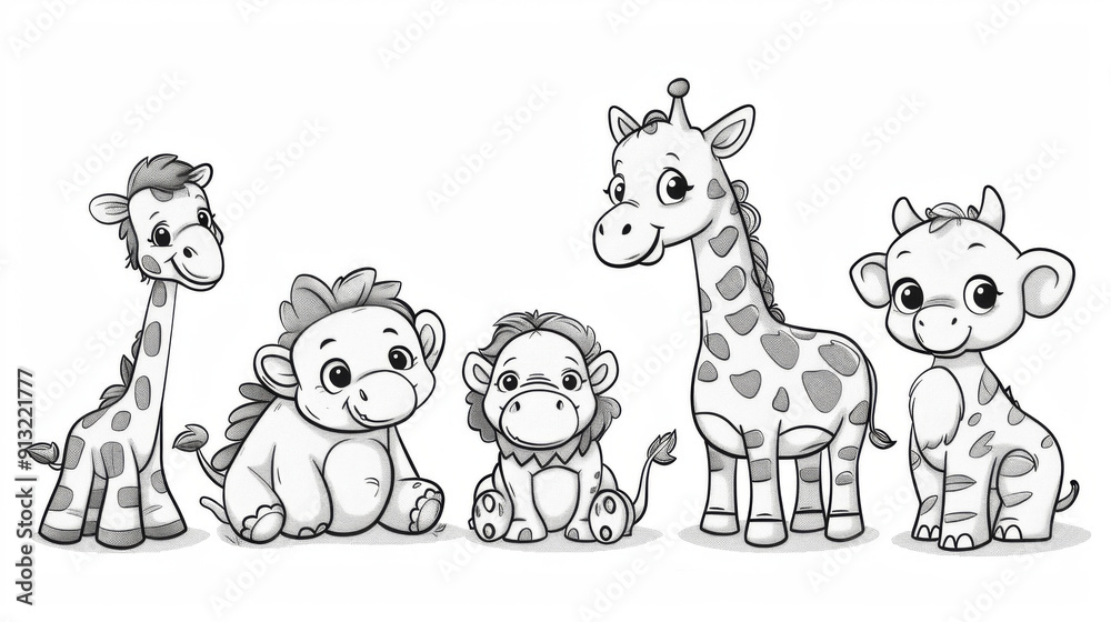 Obraz premium A delightful black and white cartoon illustration featuring five adorable jungle animals in a friendly pose.