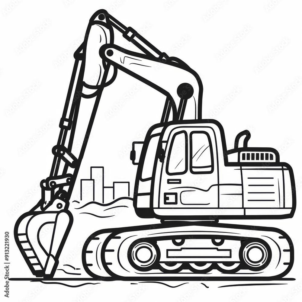 Black and white outline illustration of an excavator, ideal for construction and heavy machinery-themed designs and educational materials. Black and white outline illustration of an excavator, ideal for construction and heavy machinery-themed designs and educational materials.