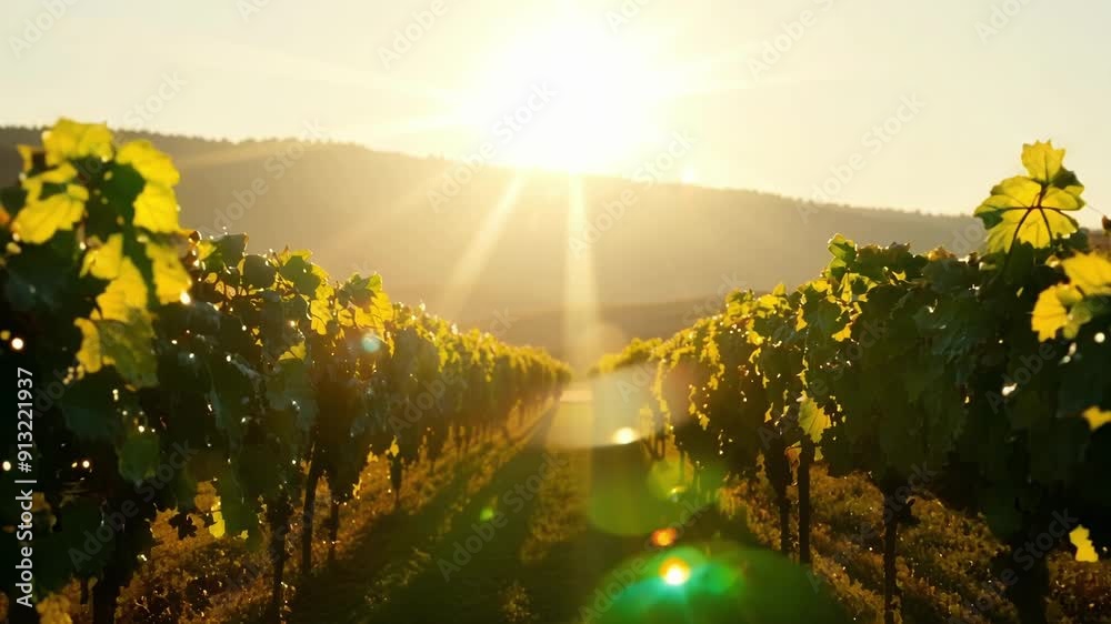 As the sun rises its gentle rays filter through the grapevines and create a breathtaking scene filled with lens flares. Light leaks bokeh
