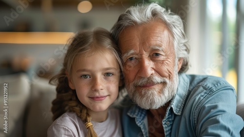 An elderly man hugs his granddaughter. Portrait of a grandfather and granddaughter