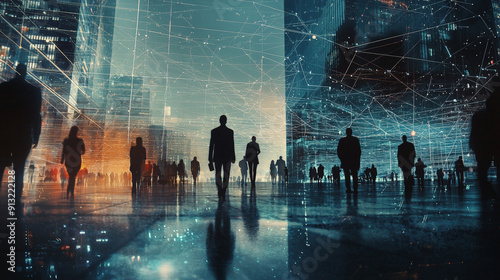 Abstract digital background with silhouettes of people in the city and network connections. Generative AI